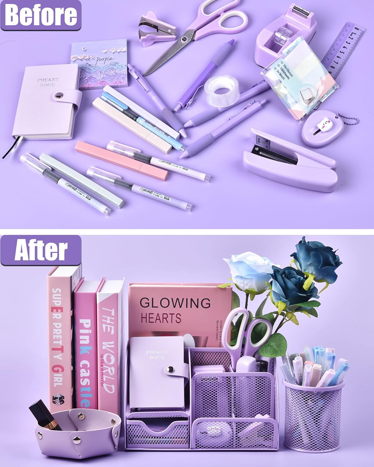 21Pcs Purple Desk Organizers and Accessories With Mesh Desk Organizer and 360°Rotating Pen Holder and a Lot of Office Purple Office Supplies Beautifully Presented in a Gift Box