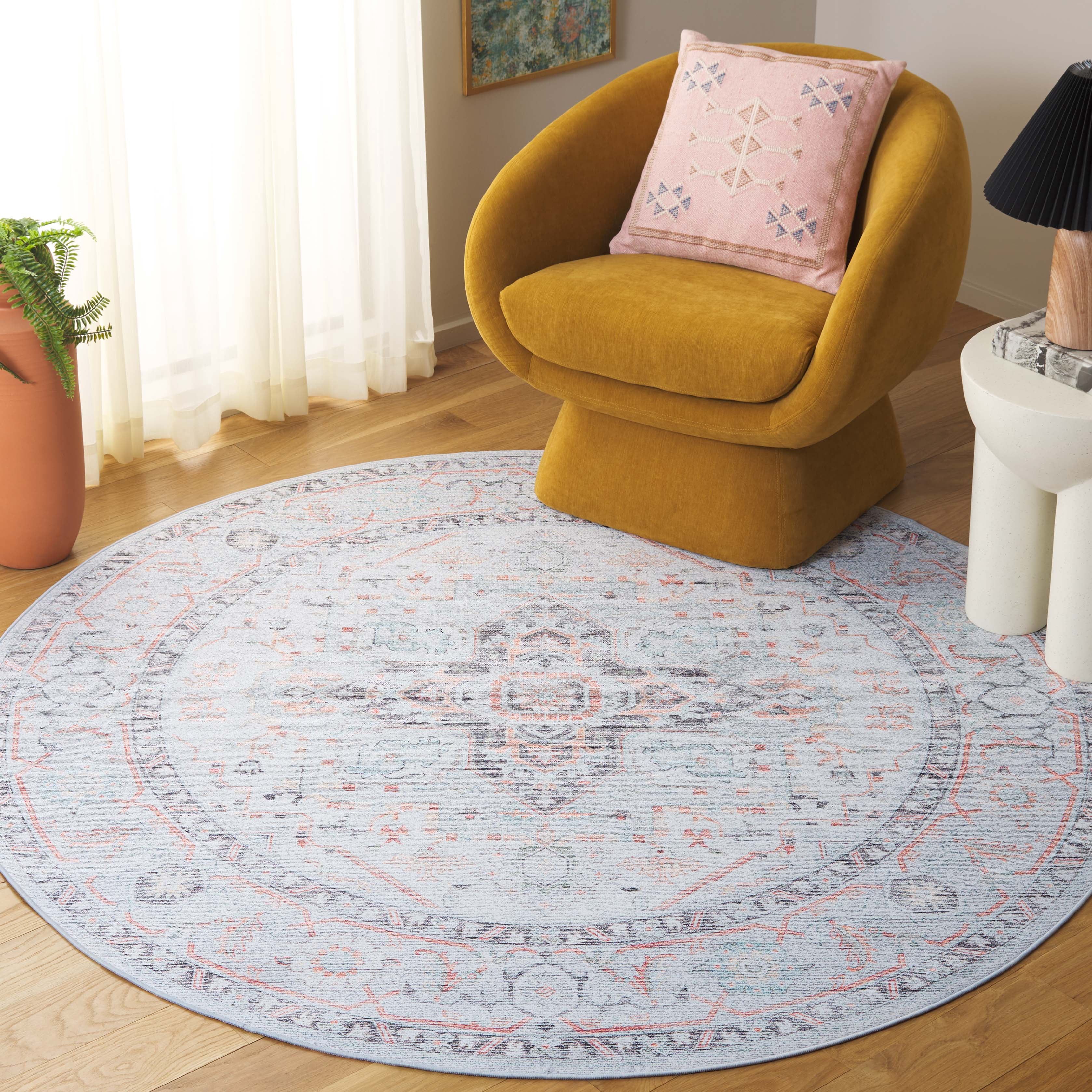SAFAVIEH Tucson Alyx Oriental Machine Washable Area Rug, Light Grey/Light Green, 6' x 6' Round