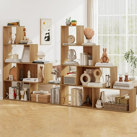 6 Cube Geometric Bookshelf, L Shaped Corner Ladder Shelf, 4 Tier Etagere Bookshelf with Backpanel, 10 Shelves Storage Display Rack for Home Office Living Room (2, Natural)