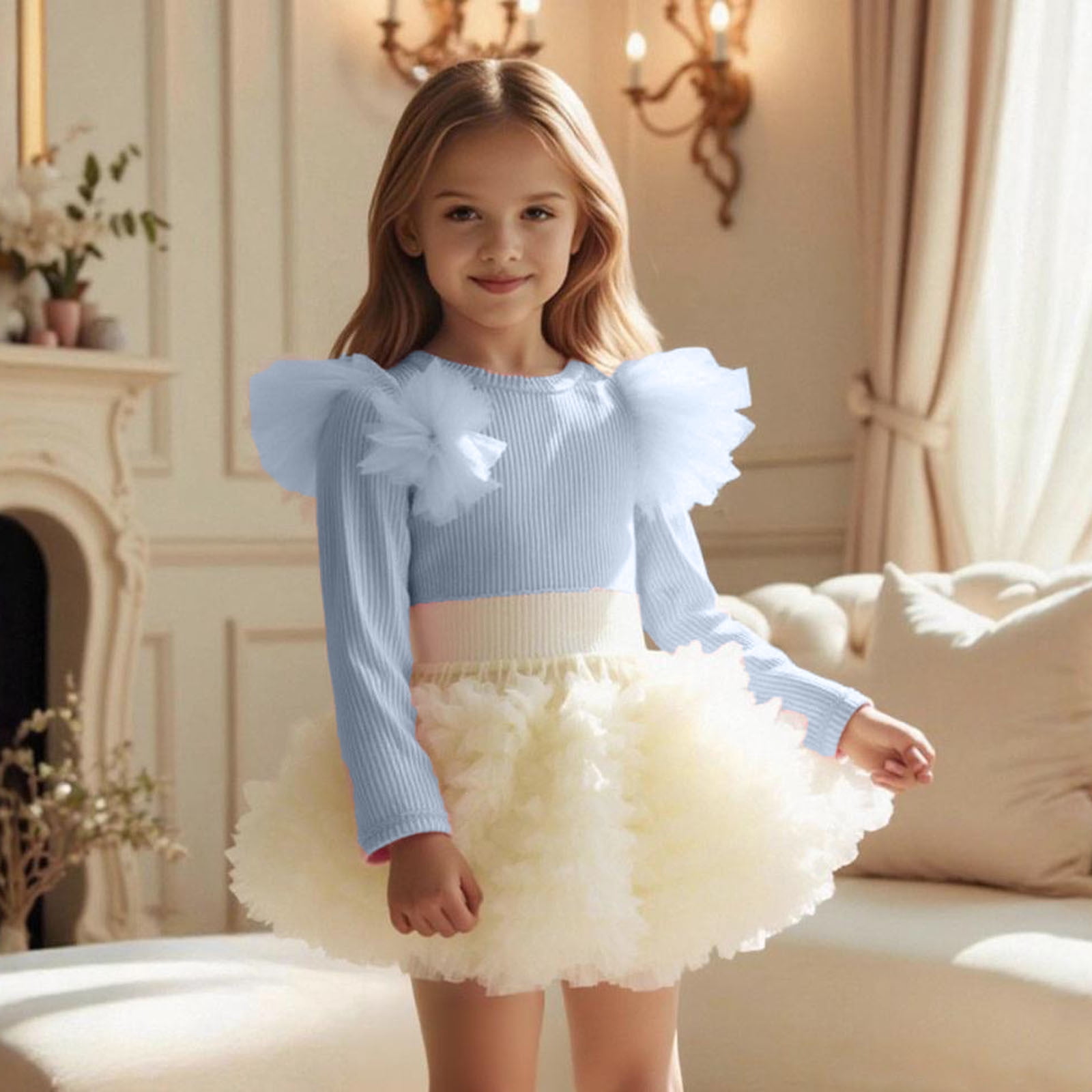 Hxshgdsn Toddler Girls Long Sleeve Cute Tulle Ruffle Ribbed Top