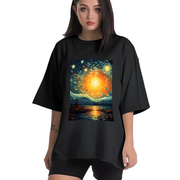 Plus Size Shirt for Women Black Tops for Women Short Sleeves Shirt for Women Night Sky T Shirt Crewneck Shirt for Women XS