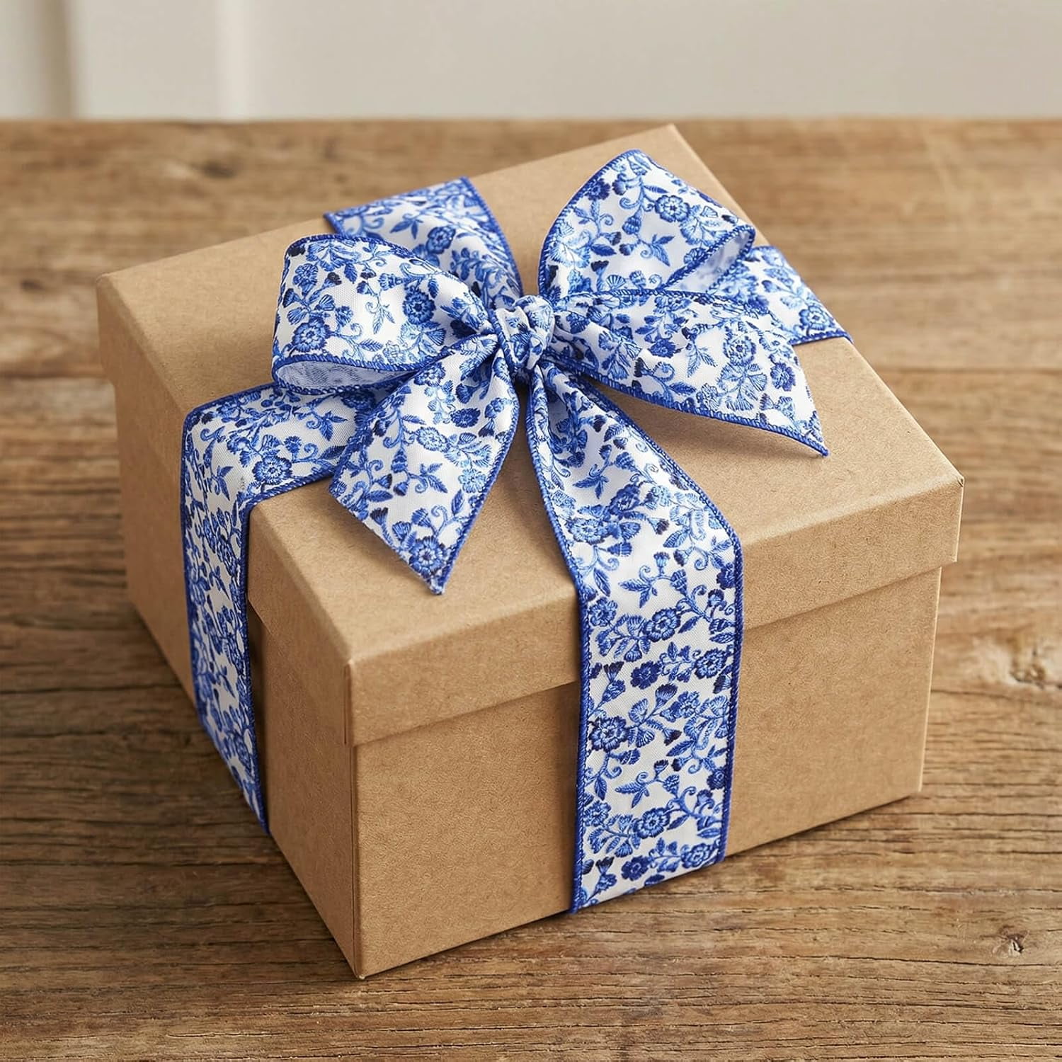 Chinoiserie Blue Wired Edge Ribbon,2 Rolls (2.5 Inch × 5 Yards Each) - Royal Blue with Polka Dot & Floral Vine Pattern Linen Ribbon for Wreaths, Crafts, Bows, Wedding Decorative