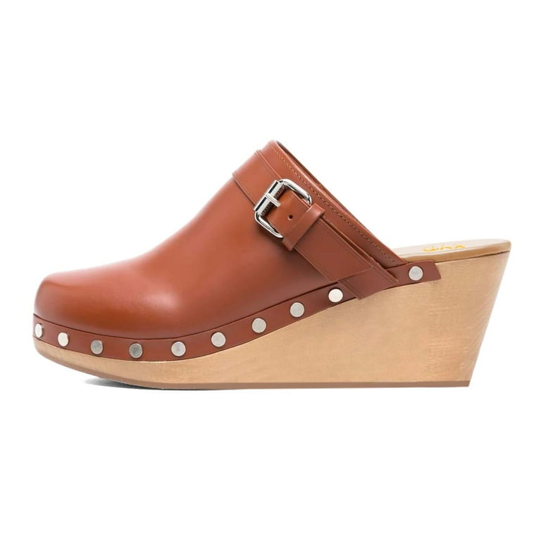 XYD Women Wedge Heels with Studs Buckle Strap Slides Mules Round