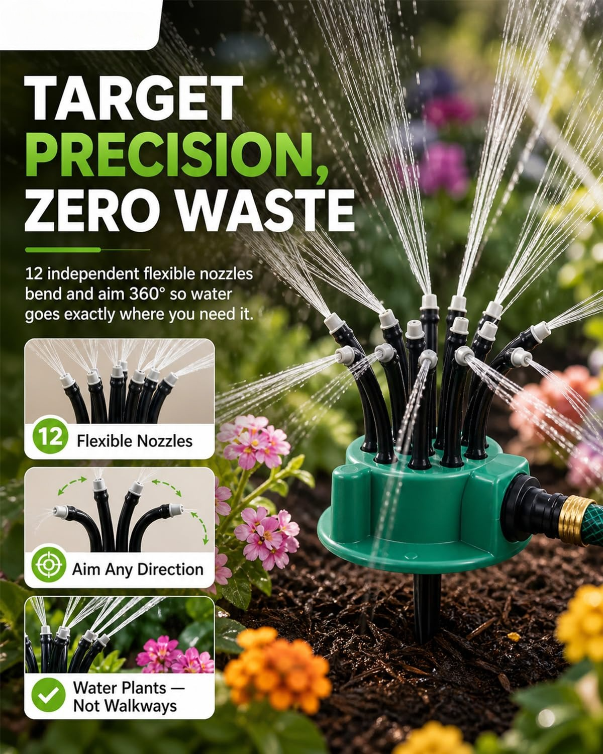 Multi-Directional Lawn Sprinkler Precision Garden Irrigation with Flexible Spray Nozzles Rotating Multi-arm Roof Cooling System Flower Shape Head Water Spray Head for Hose Yard Grass