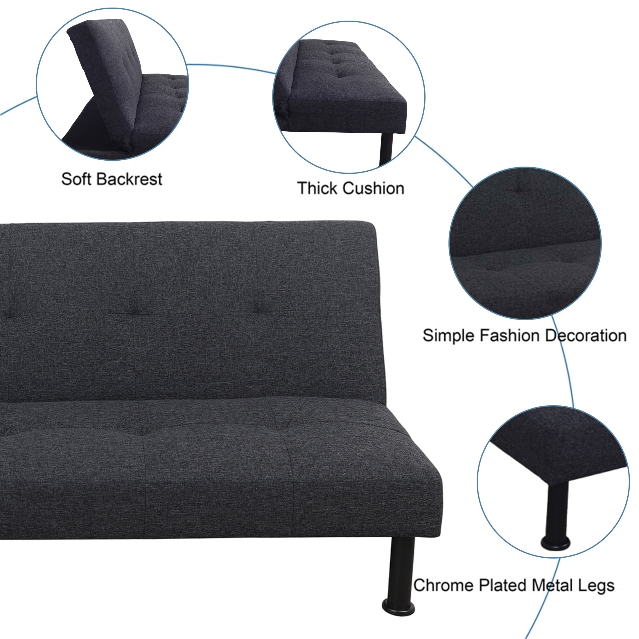 Aukfa Modern Futon Convertible Sofa Bed for Home Office, Tufted Back, Linen, Black Gray