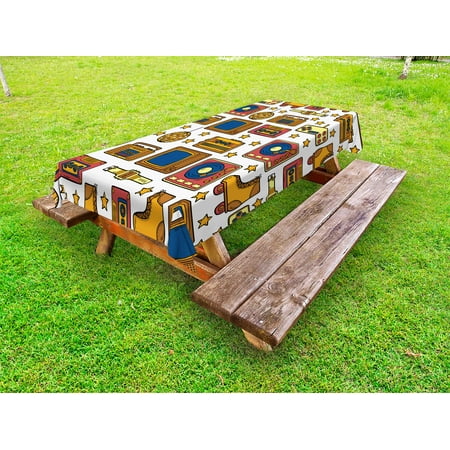 

90s Outdoor Tablecloth 90s Theme with Old Style Recorder Stereo Television Roller Skate Shoes Electronic Watch Decorative Washable Fabric Picnic Table Cloth 58 X 84 Inches Mustard by Ambesonne