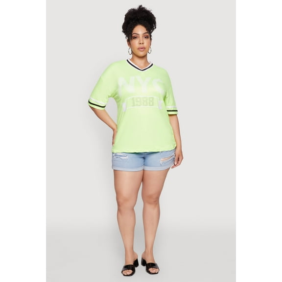 Womens Plus Size NYC 1988 Rhinestone Varsity Stripe V Neck T Shirt