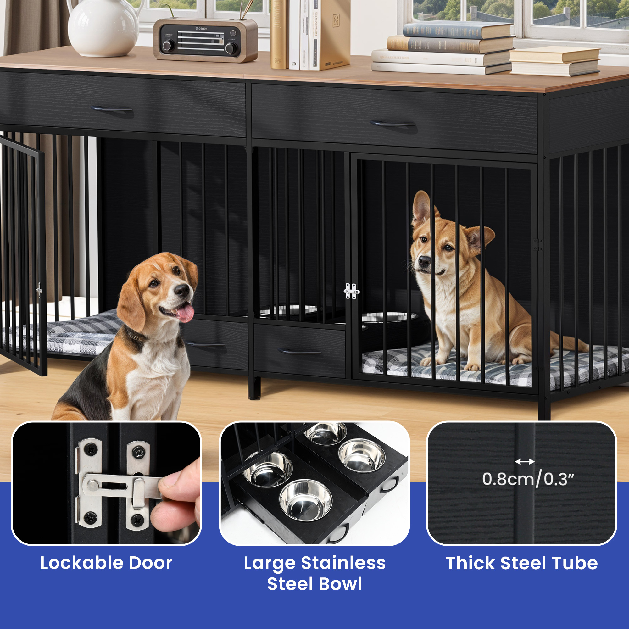ModFusion 74" Black Double Dog Crate Furniture with 2 Drawers – Heavy-Duty Wood Pet Kennel & TV Stand for 2 Dogs, Lockable Doors, Modern Design