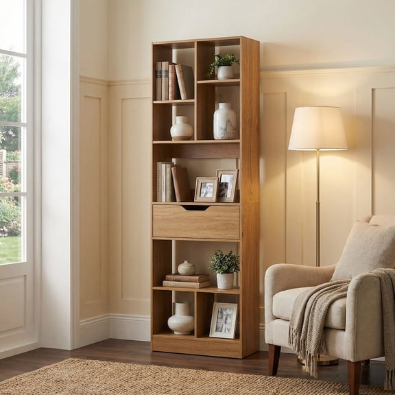Resenkos 61 Inch Tall Freestanding Bookcase with Drawer, 8-Cube Storage Organizer for Study, Bedroom, Natural