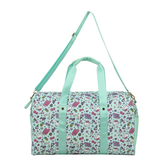 Hello Kitty Light Blue Nylon Duffel Bag with Adjustable Strap and Colorful Print