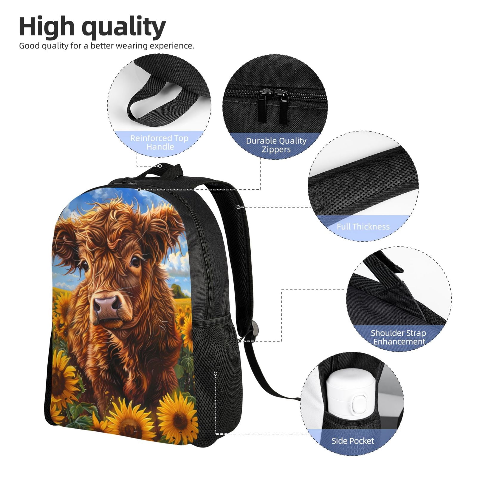 Xecao Cloud Sky Sunflower Cow Print School Backpack with Laptop Compartment Small Travel Laptop Backpack for Women Men Waterproof College Backpack Simple School Bag