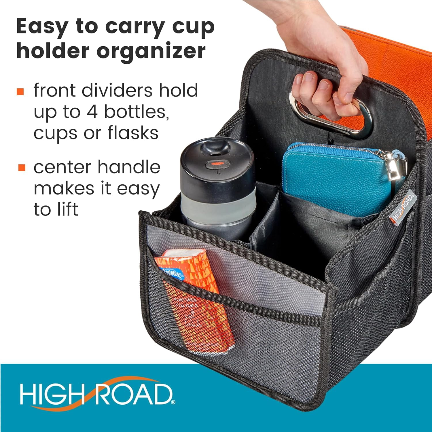 High Road Car Seat Organizer - Front Seat Organizer or Backseat Organizer With Cup Holder Dividers and Easy Carry Handle - Black