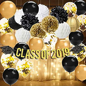 String And Balloon Lanterns Graduation Decorations 2019-Class of 2019 Banner,Battery Powered LED String Lights Starry String Light,Tissue Pom Poms,Paper Lanterns,Black/Gold/Gold Confetti Balloons Graduation Party Supplies 2019 ()