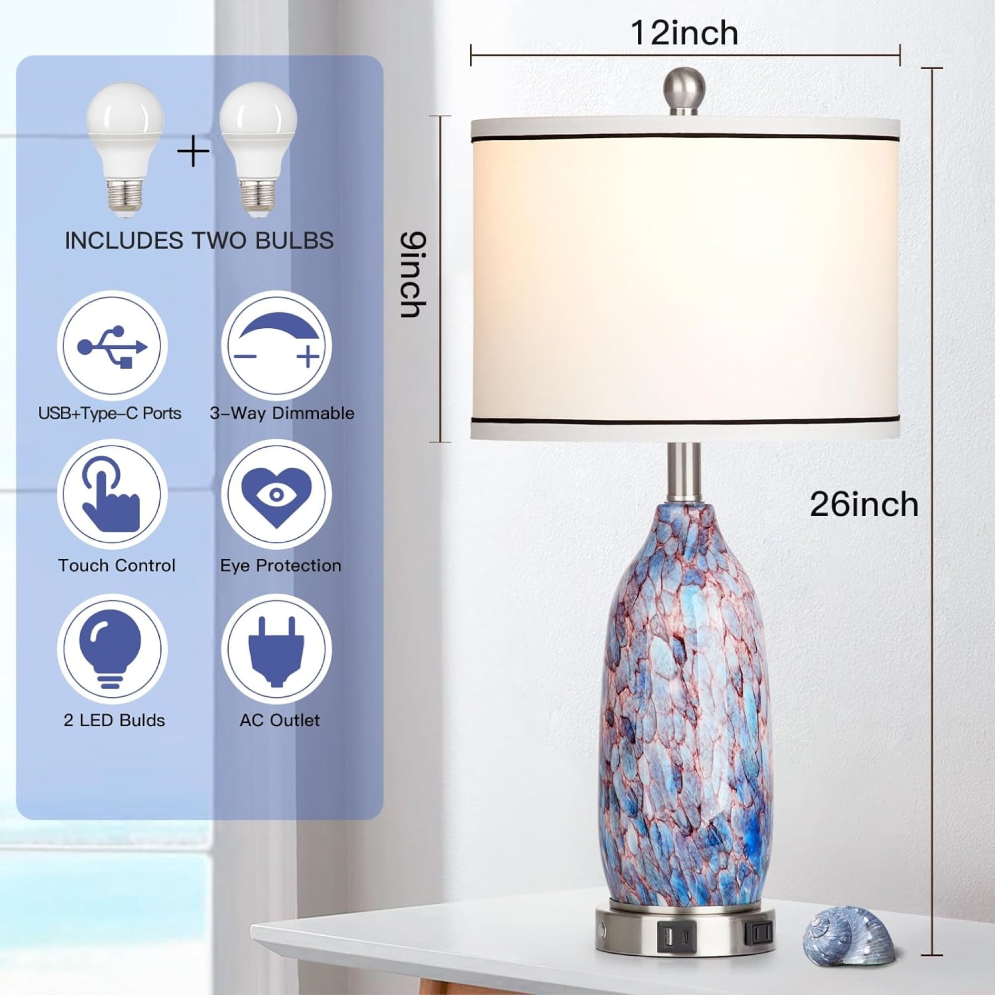 Cinkeda Cosatal Glass Table Lamps Set of 2 for Living Room Bedroom 3 Way Dimmable Touch Control Bedside Nightstand Lamp with USB A+C Ports AC Outlet Nightlight
