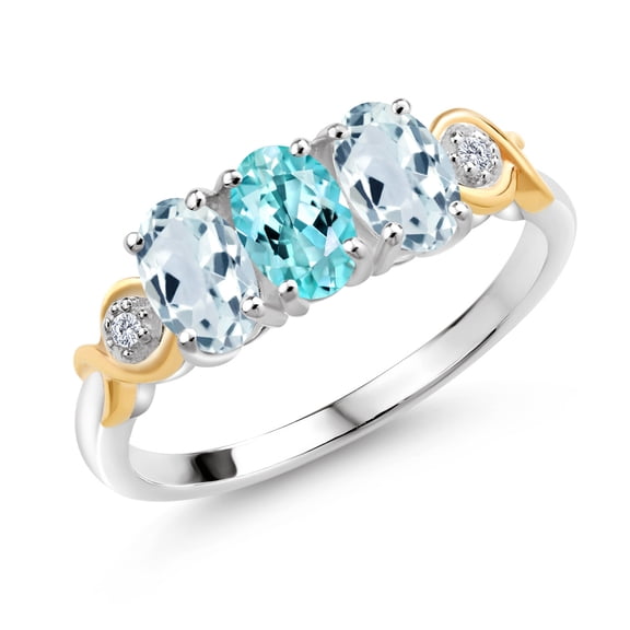 Gem Stone King 1.54 Ct Oval Blue Apatite Sky Blue Aquamarine 925 Silver and 10K Yellow Gold G-H Lab Grown Diamond Women Ring (Size 9)