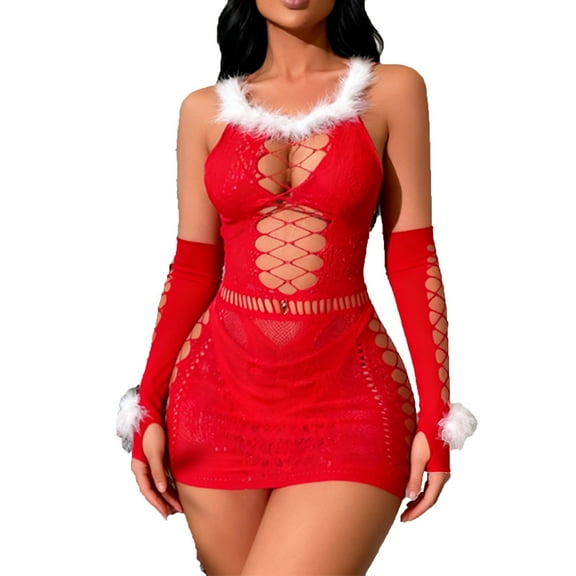 Women's Lace Christmas Lingerie Dress Hollow Out Gloves Bodysuit Nightwear Red Free Size