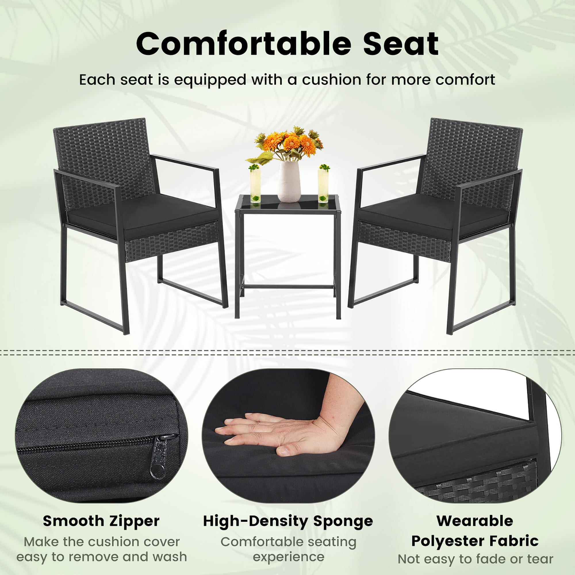 Costway 3pcs Patio Furniture Set Heavy Duty Cushioned Wicker Rattan Chairs Table Outdoor