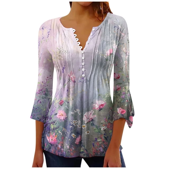 Birdeem Blouses pour Femmes T-Shirt Imprimé Mode Manches 3/4 Blouse Col en V Hauts Décontractés