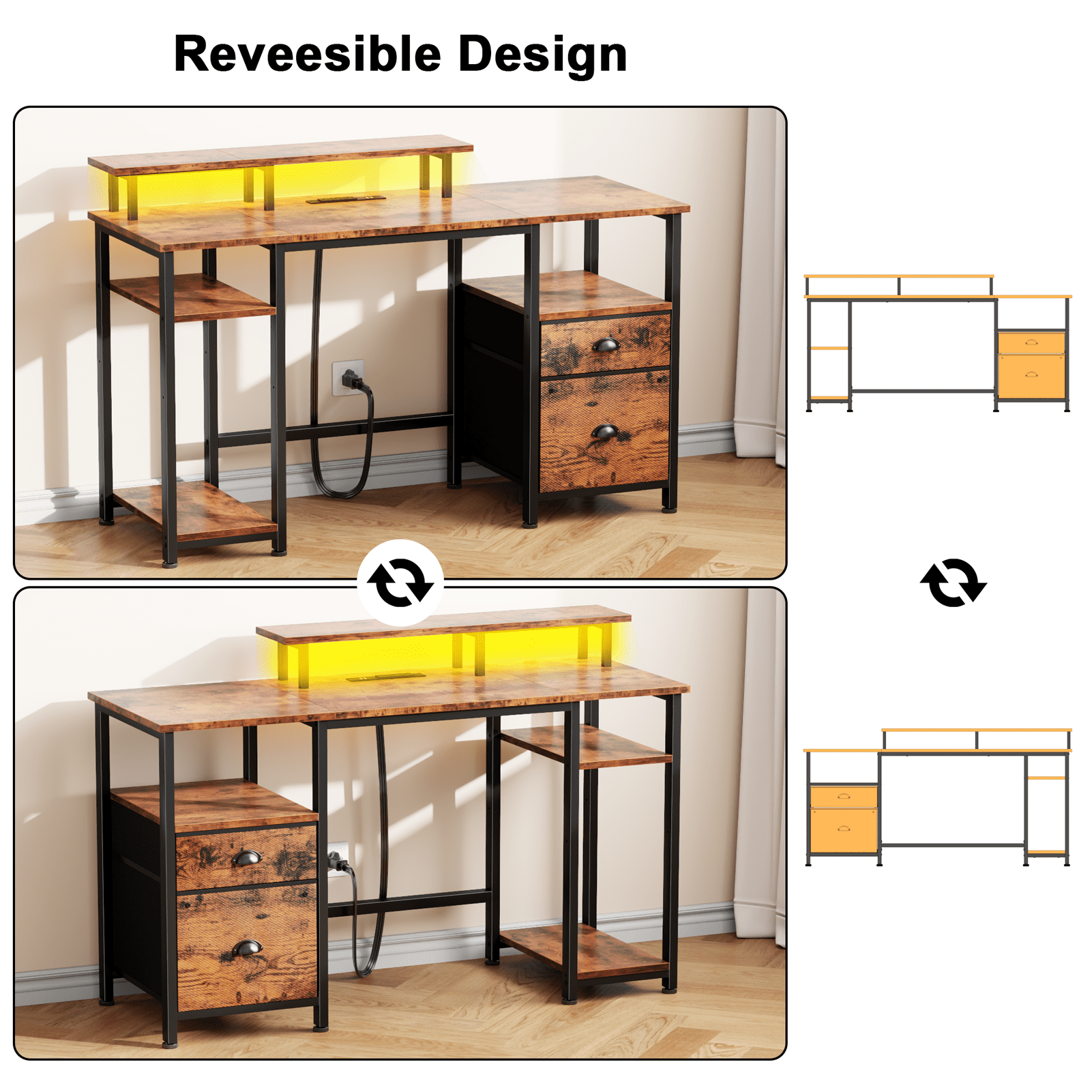Satifur 51" Reversible 2-Tier Computer Desk with Power Outlet, LED Lights, File Cabinet & Storage Shelves,Rustic Brown