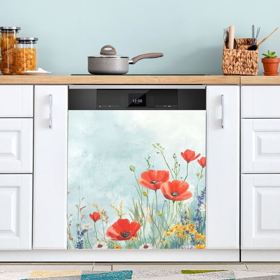 Red Flowers in The Grass Dishwasher Magnet Cover for Washers Fridge Panel Decal 23"W x 26"H Inch