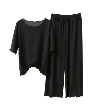 Tweang Short Sleeve Pajamas Button Down Short Sleeve lounge sets for women loungewear sets woman Sleepwear Pj Set Sleepwear Button-Down summer outfits for women Soft Pj Summer Short Sleeve Black L