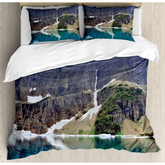 Ice Berg Duvet Cover Set Queen Size, Pretty Image of a Lake in Glacier National Park Mountainous Landscape, Decorative 3 Piece Bedding Set with 2 Pillow Shams, Dark Tan and Multicolor, by Ambesonne