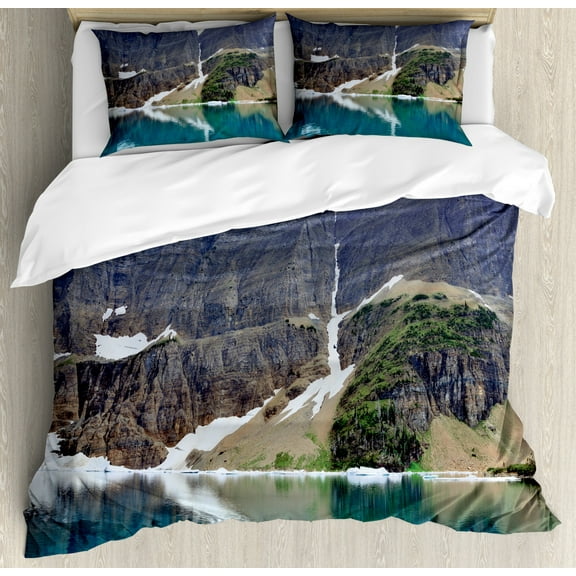 Ice Berg Duvet Cover Set Queen Size, Pretty Image of a Lake in Glacier National Park Mountainous Landscape, Decorative 3 Piece Bedding Set with 2 Pillow Shams, Dark Tan and Multicolor, by Ambesonne