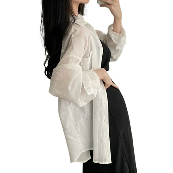 XISAOK Women Sheer Chiffon Oversized Blouses Top Long Sleeve Collared Button Up Shirt