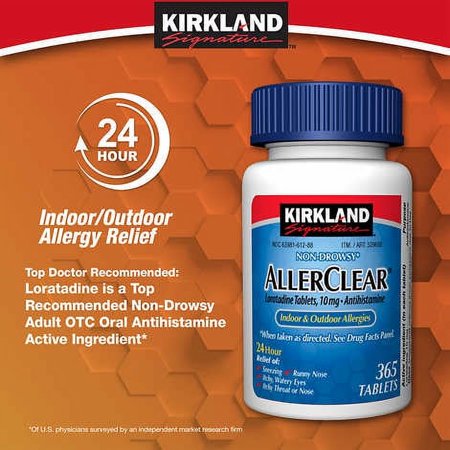 Kirkland Signature Non Drowsy Allerclear Loratadine Tablets, Antihistamine, 10mg, 365-Count 4-Pack Jumbo Value Package