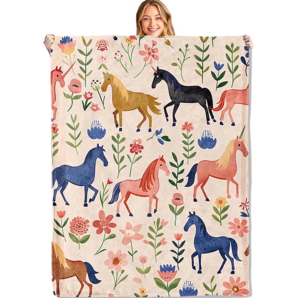 Cute Horse Throw Blanket,50x60in,Soft,Lightweight Flannel,Colorful Horses and Floral Flower Blankets - Playful Gifts for Adult & Animal Lovers,for Couch Office Travel,Home Living Room Decor