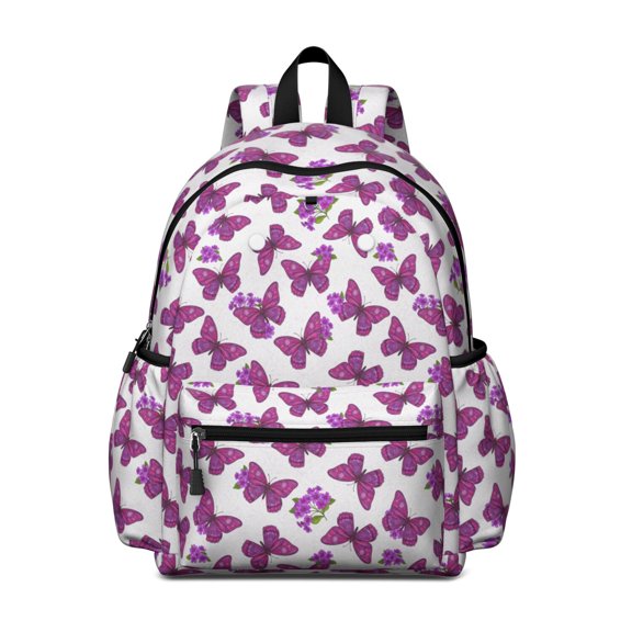 Butterfly and Floral Purple Pattern Cute School Backpack with Padded Back and Adjustable Shoulder Straps 13.4"x11"x4.7"