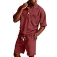thumbnail image 2 of Kixjoy Men's 2 Piece Short Sets Short Sleeve Lounge Button Collared Shirt and Beach Shorts Set Big and Tall Waffle Vacation Outfits for Men, Wine XL, 2 of 8