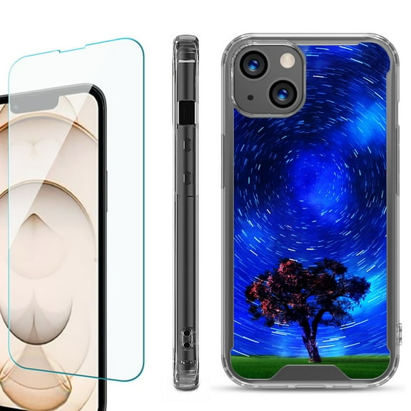Shockproof Bumper Phone Case for iPhone 13, with Tempered Glass Screen Protector, by OneToughShield ® - Star Trails Tree