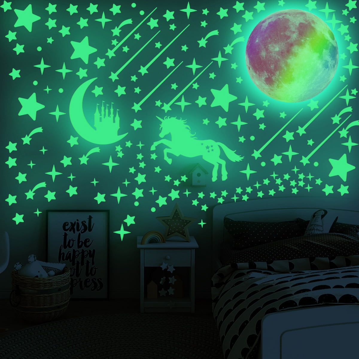 Protoiya 297pcs Glow in The Dark Stickers DIY Luminous Wall Stickers Detachable Moon Stars Wall Decal PVC Waterproof Unicorn Fluorescent Stickers Home Decor for Children's Room Kids Room