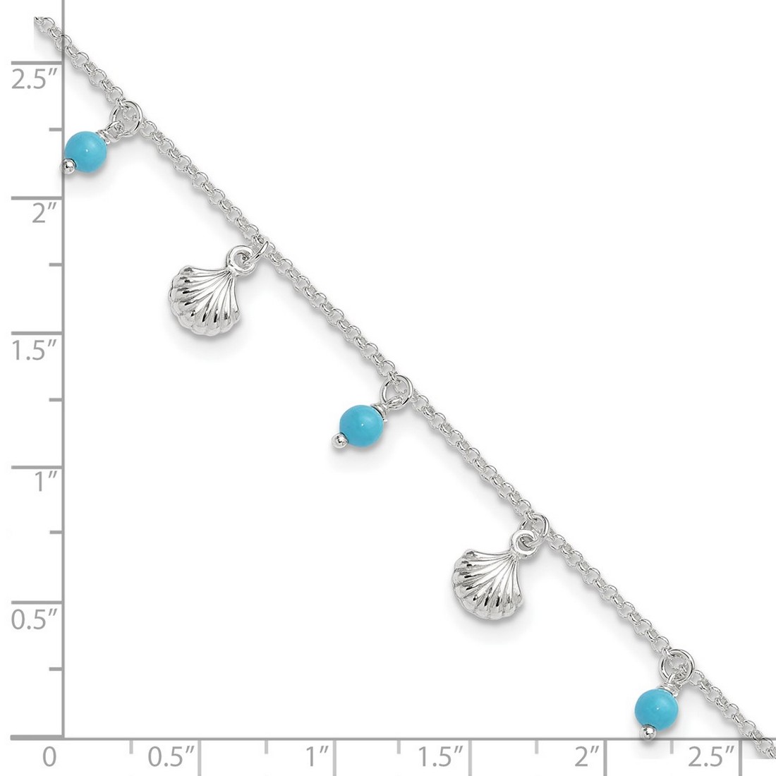 925 Sterling Silver Spring-Ring Polished Shell and Simulated Turquoise With 1inch Ext. Anklet 9 Inch 7mm Wide Anklet for