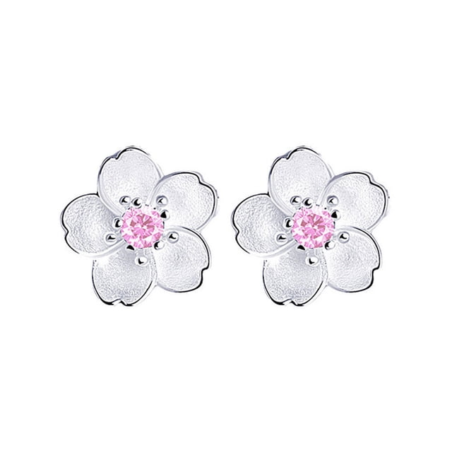 Pendientes de plata con diseño de sakura y cereza oriental Preciosos pendientes de plata con diamante rosa