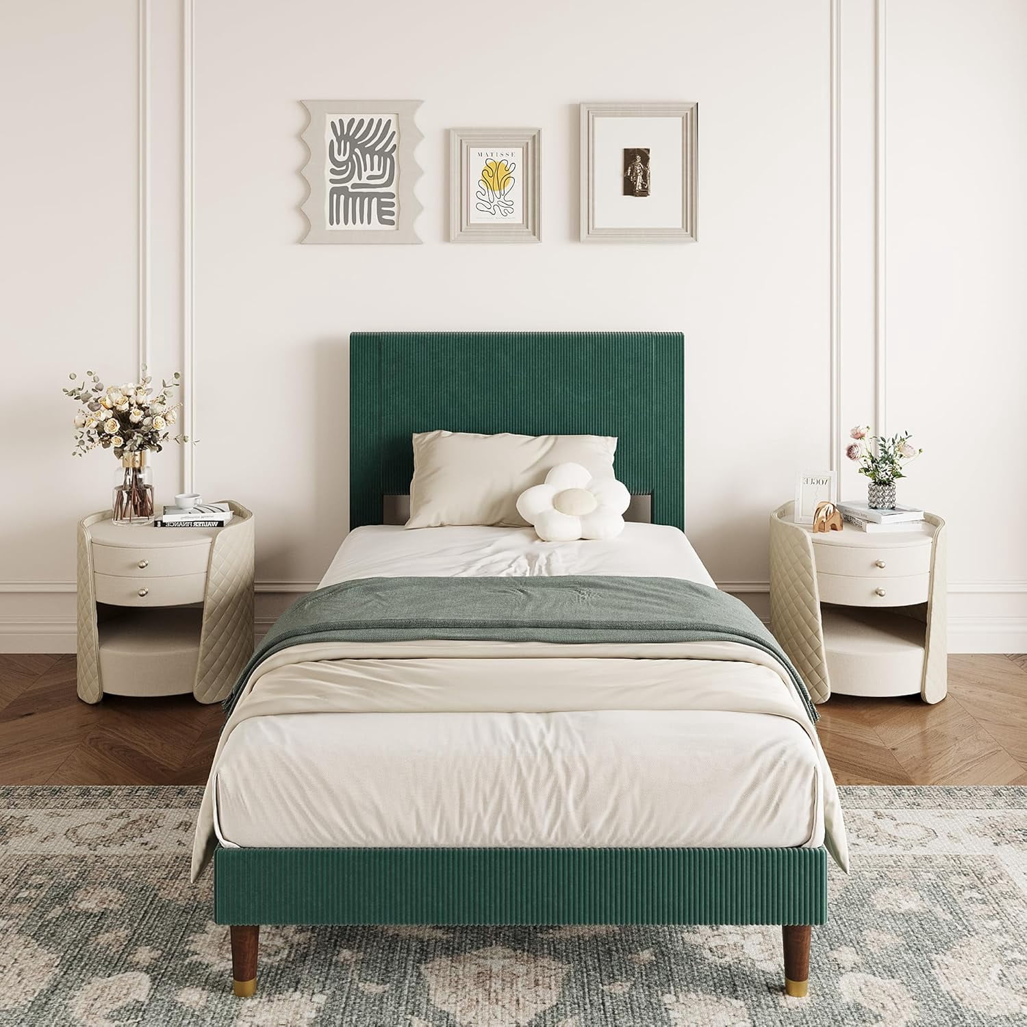 Twin Bed Frame with Headboard, Corduroy Upholstered Platform Bed with Wooden Slats Support - No Box Spring Needed & Noise Free, Easy Assembly, for Bedroom Apartment, Green