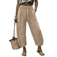 thumbnail image 3 of Sentmoon Women's Linen Pants Solid Color Drawstring Elastic Waist Womens Sweat Pants Plus Size Loose Fit Delightful Summer Baggy Sweatpants with Pocket Beach for Travel and Vacation Khaki L, 3 of 6