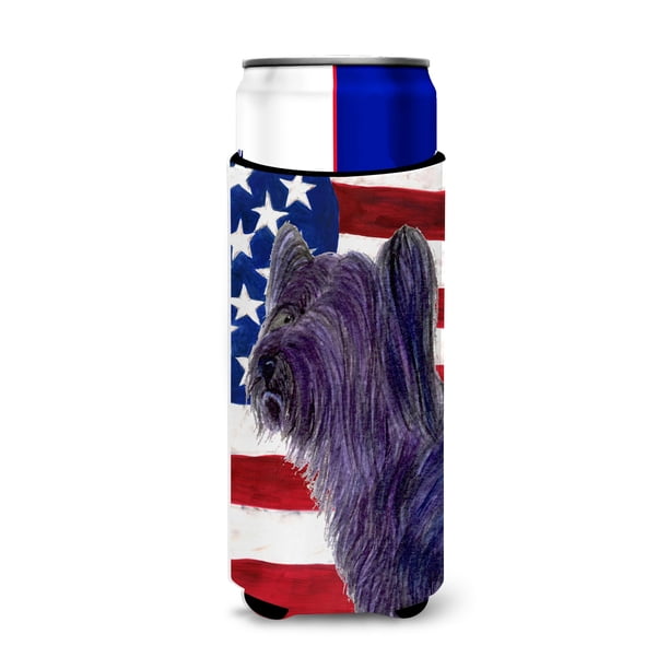 Caroline'S Treasures Ss4219Muk Bandera Estadounidense Con Skye Terrier Ultra Hugger Para Latas Delgadas, Funda Enfriadora De Latas, Funda Lavable A Máquina, Funda Para Bebidas, Aislante Plegable, Aisl