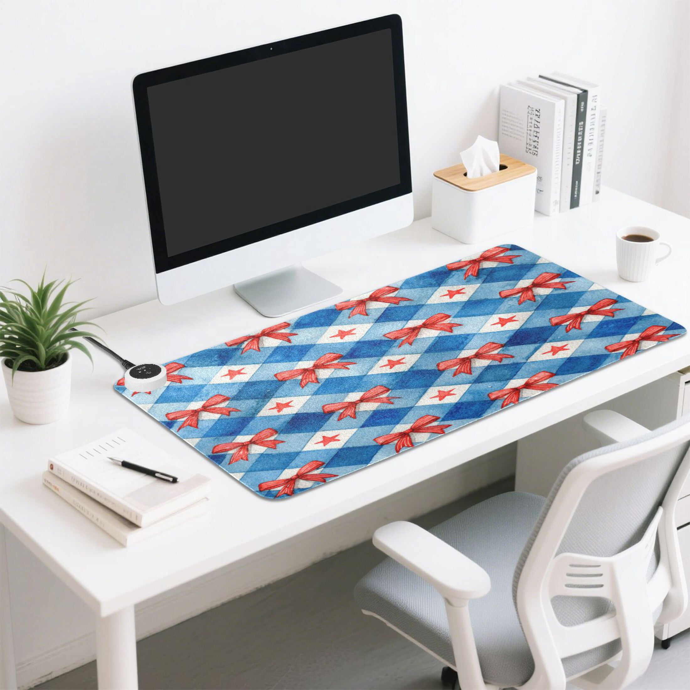 Large Heated Desk Mat Mouse Pad 31.5"x13"PU Leather Graphene Heating Desk Warmer with 3 Temperature Settings 110V US Plug Non-Slip Warm Pad for Home, Office, and Gaming Vibrant Red Bows Pattern