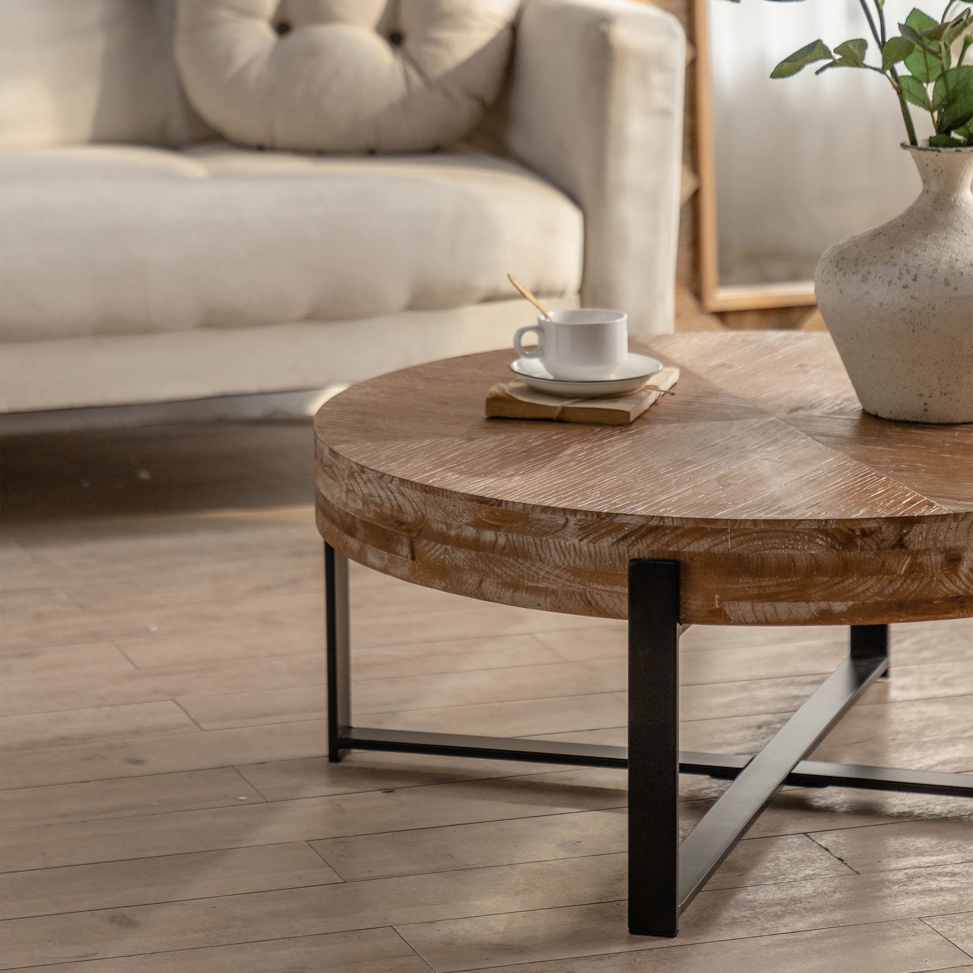 BSHTI 31.29" Metal Wood Round Coffee Table with Retro Splicing Top, Cross Metal Frame, Rustic Style for Living Room(Black)