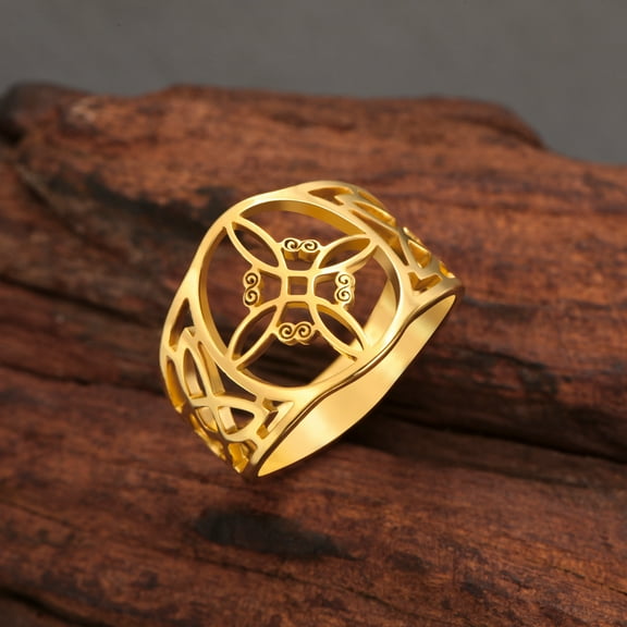 Witch Knot Wide Finger Ring 14K Yellow Gold Jewelry for Women Irish Celtics Knot Delicate Hollow Ring Amulet