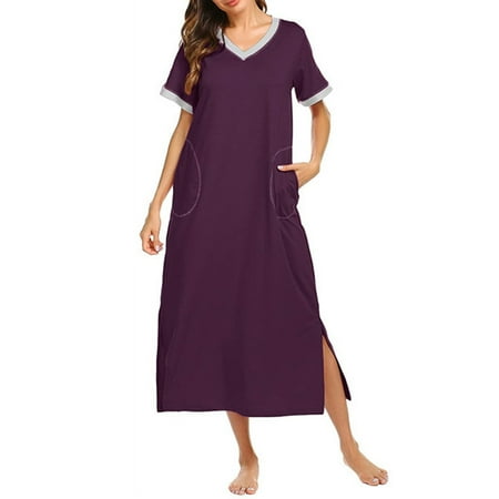 

Pajamas for Women KKCXFJX Women s Short Sleeve V-Neck Pocket Side Slit Sleepwear Long Dress
