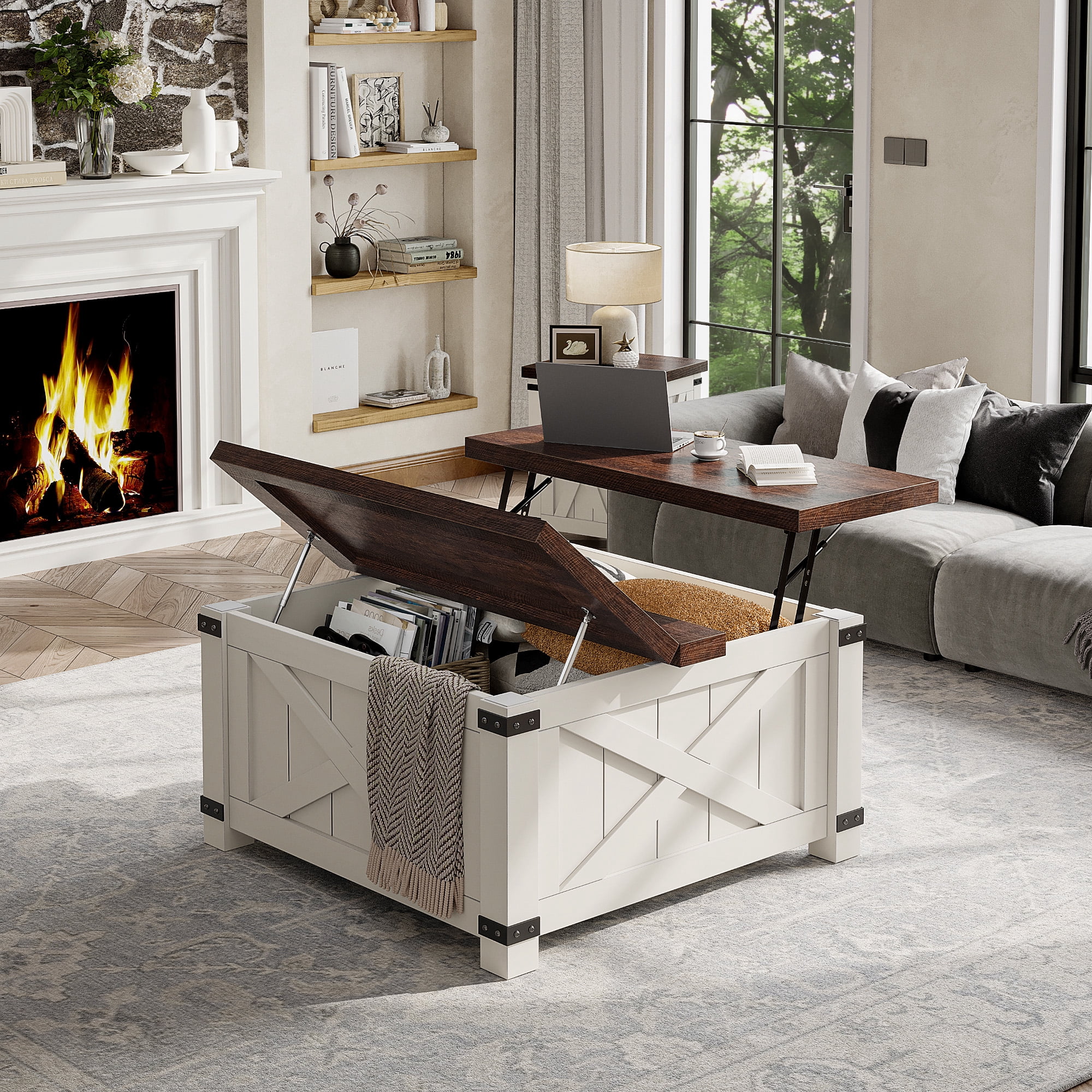 Romorgniz 35.7" W Square Lift Top Coffee Table Farmhouse Coffee Table with Large Hidden Storage Wooden Center Table for Living Room, White