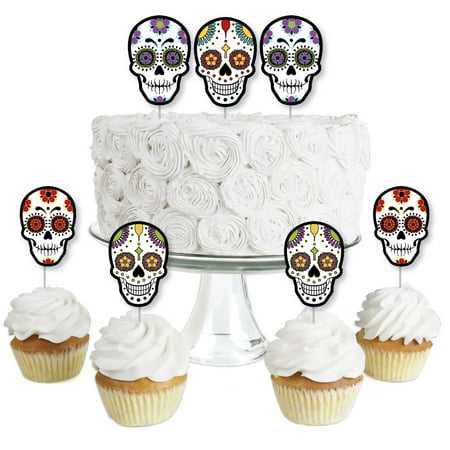Day Of The Dead - Dessert Cupcake Toppers - Halloween Sugar Skull Party Clear Treat Picks - Set of 24