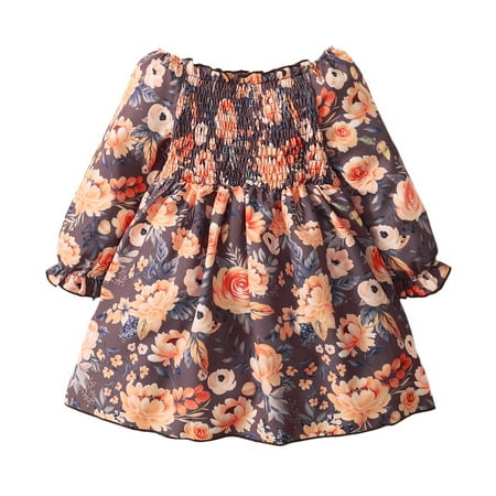 

4T Baby Girls Dress 5T Girls Long Sleeve Dress Flower Print Square Neck Toddler Girls Floral Dress