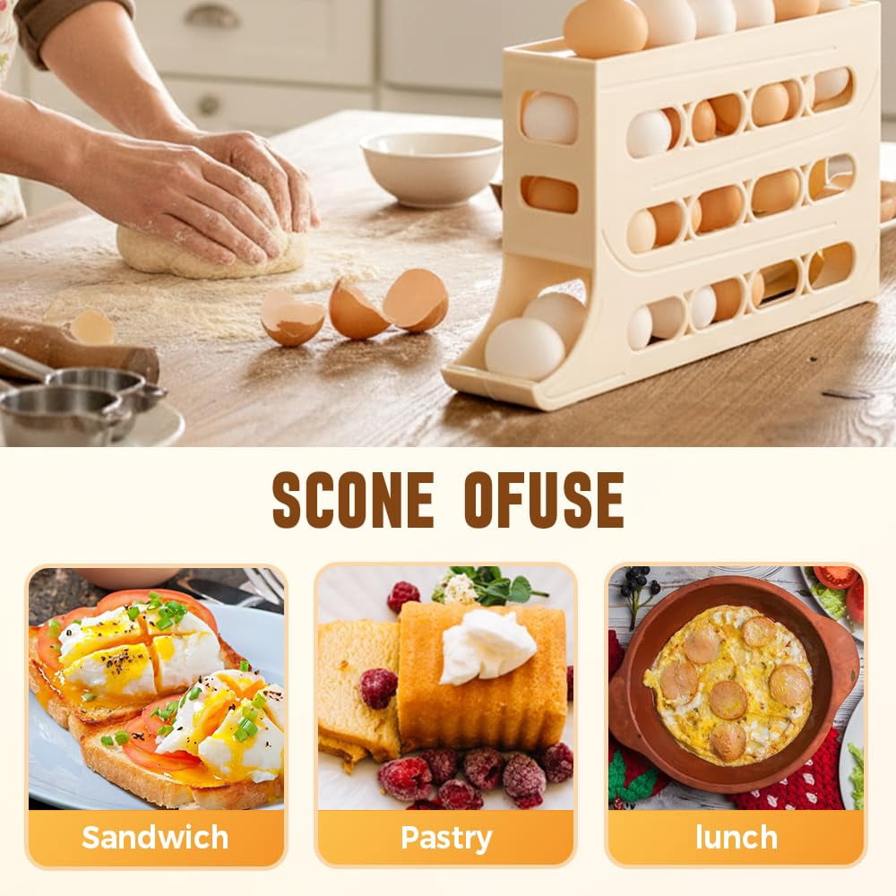 4-Tier Rolling Egg Dispenser for Fridge, Holds 30 Eggs, Plastic Space-Saving Egg Organizer