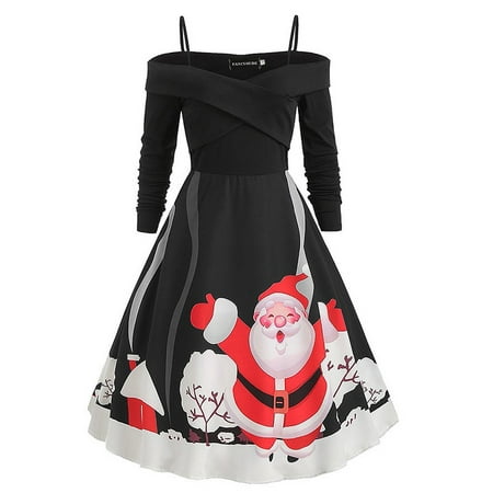 Fancyleo Women Sexy Off Shoulder Christmas Santa Claus Printed Vintage Xmas Party Dress