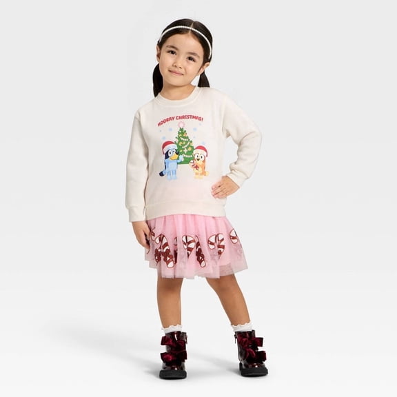 Toddler Girls' Bluey Christmas Fleece Sweatshirt - Pink/Ivory 5T