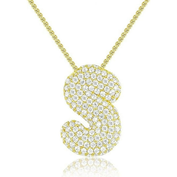 Bubble Letter Necklace 14K Gold Plated Balloon Initial Pendant Box Chain Necklace Dainty Pave CZ Jewelry Gift for Women Walmart